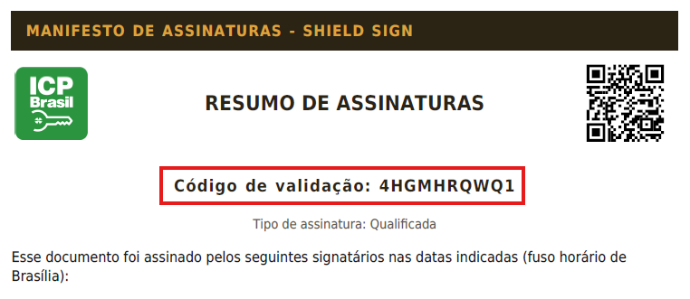Exemplo da página-resumo da versão para impressão, com o código de validação em destaque abaixo do título